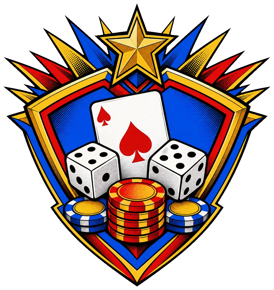 Emblemat Marvel Casino — herb z kośćmi, kartą i żetonami w stylu komiksu